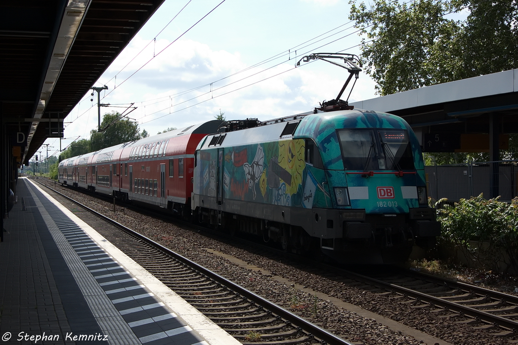 182 013-3  BUGA 2015 In der Havelregion  mit dem RE1 (RE 18178) von Frankfurt(Oder) nach Brandenburg Hbf hatte nun den Endbahnhof erreicht. 04.06.2013