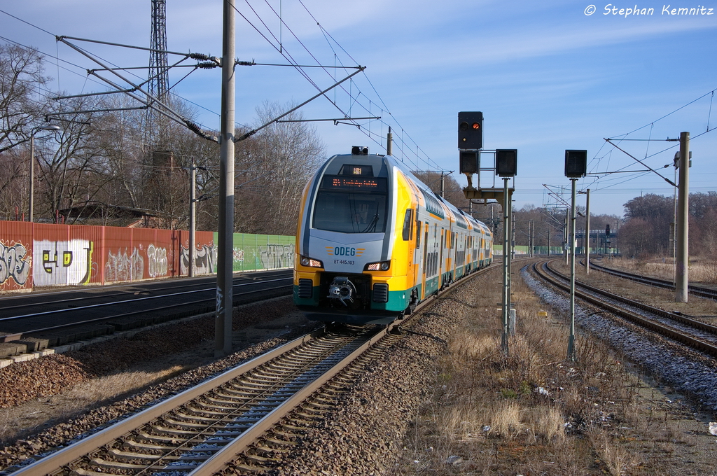 ET 445.103 (445 103-5) ODEG - Ostdeutsche Eisenbahn GmbH als RE4 (RE 37310) von Ludwigsfelde nach Rathenow, bei der Einfahrt in Rathenow. 06.02.2013