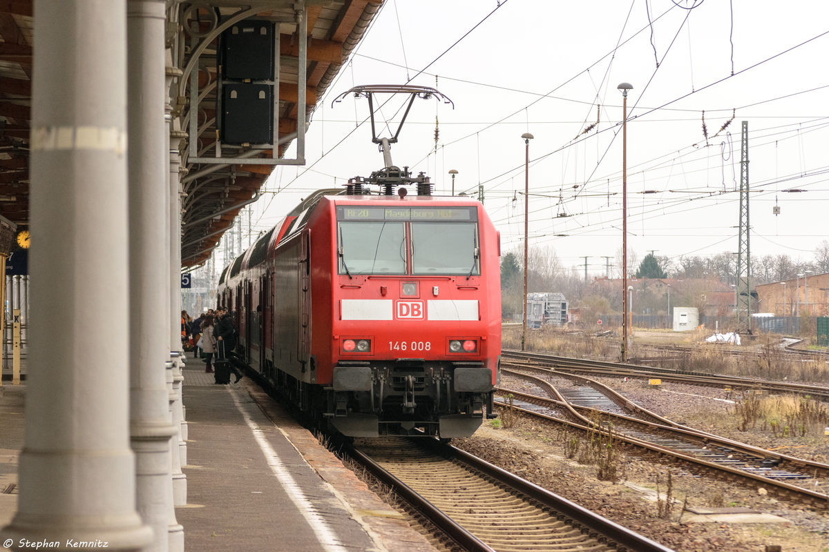 146 008  Damit Deutschland Vorne Bleibt  mit dem RE20 (RE 4687) von Uelzen nach Magdeburg Hbf in Stendal. 31.12.2016