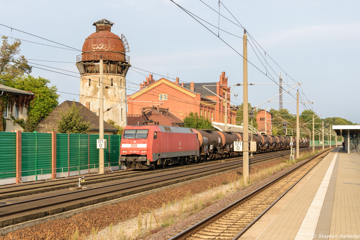 152 160-8 DB Cargo mit dem Kesselzug GC 62552 in Rathenow weiter Richtung Stendal. 26.09.2016