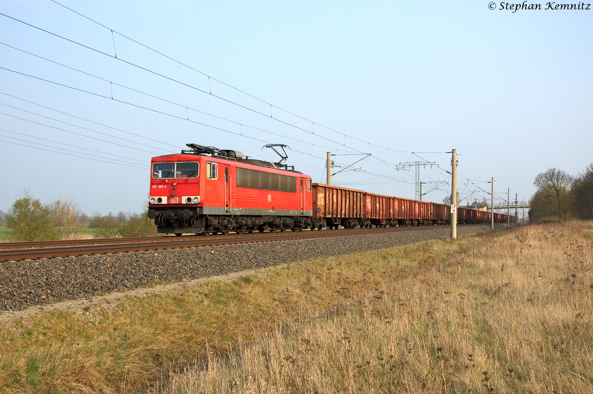 155 091-2 DB Schenker Rail Deutschland AG mit einem E-Wagen Ganzzug in Vietznitz und fuhr in Richtung Wittenberge weiter. 03.04.2014