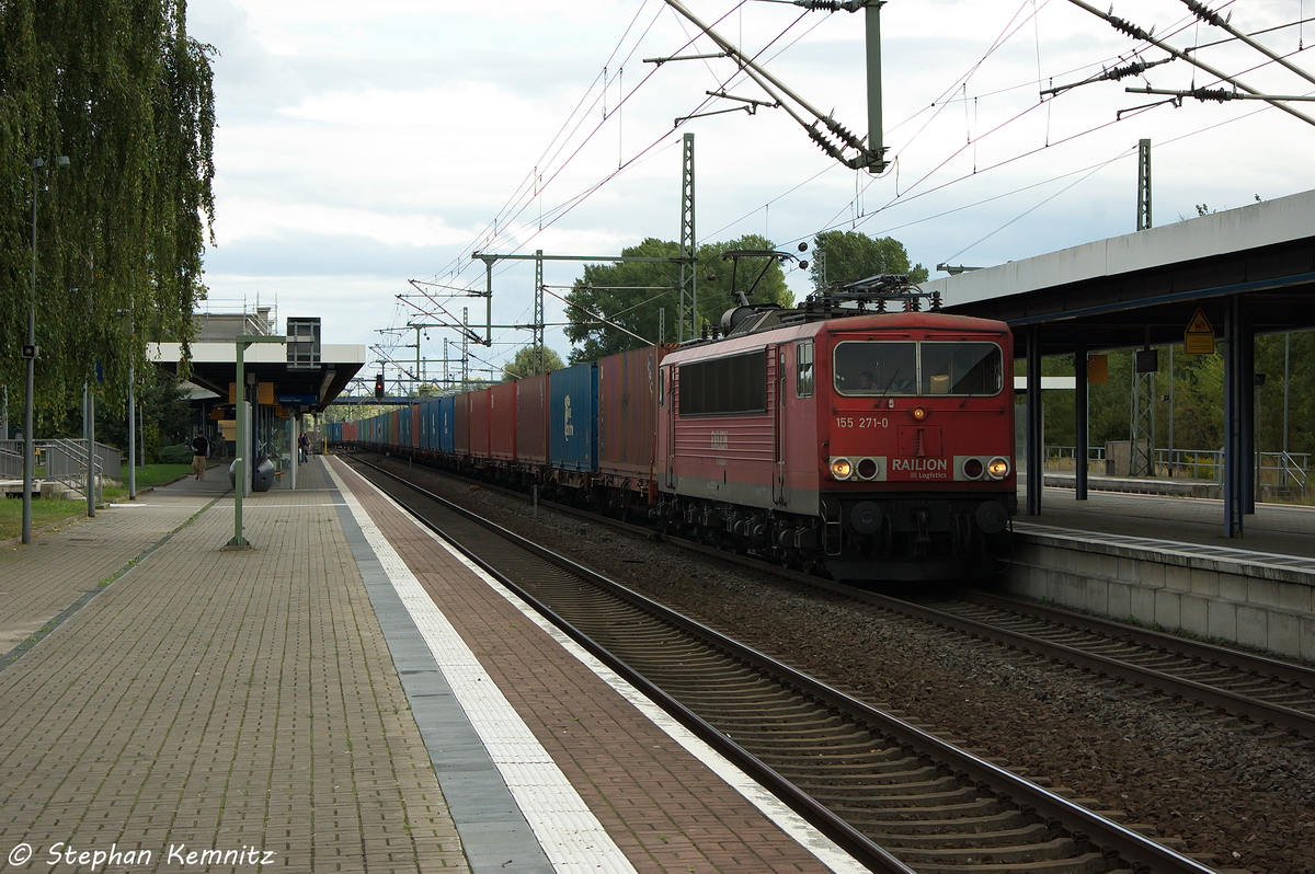 155 271-0 DB Schenker Rail Deutschland AG mit einem Containerzug, bei der Durchfahrt durch den Brandenburger Hbf und fuhr in Richtung Magdeburg weiter. 10.09.2013