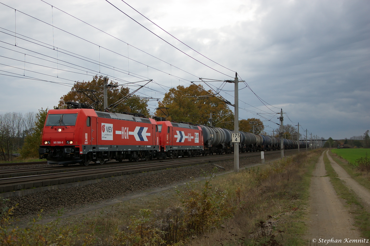 185 589-9 & 185 588-1 Macquarie European Rail für RheinCargo GmbH & Co. KG mit einem Kesselzug  Benzin oder Ottokraftstoffe  bei Rathenow und fuhren weiter in Richtung Wustermark. 03.11.2014