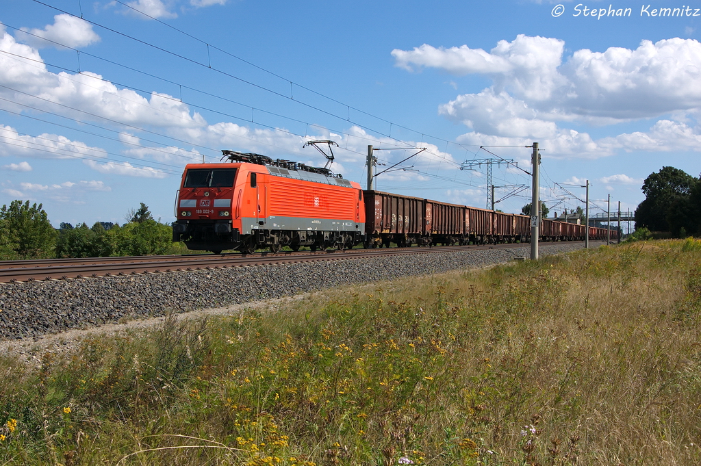 189 002-9 DB Schenker Rail Deutschland AG mit einem E-Wagen Ganzzug in Vietznitz und fuhr in Richtung Wittenberge weiter. 24.08.2013