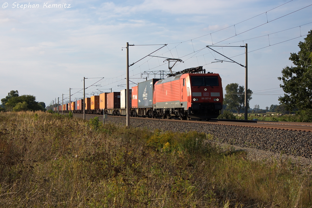 189 007-8 DB Schenker Rail Deutschland AG mit einem Containerzug in Vietznitz und fuhr in Richtung Nauen weiter. 14.09.2013