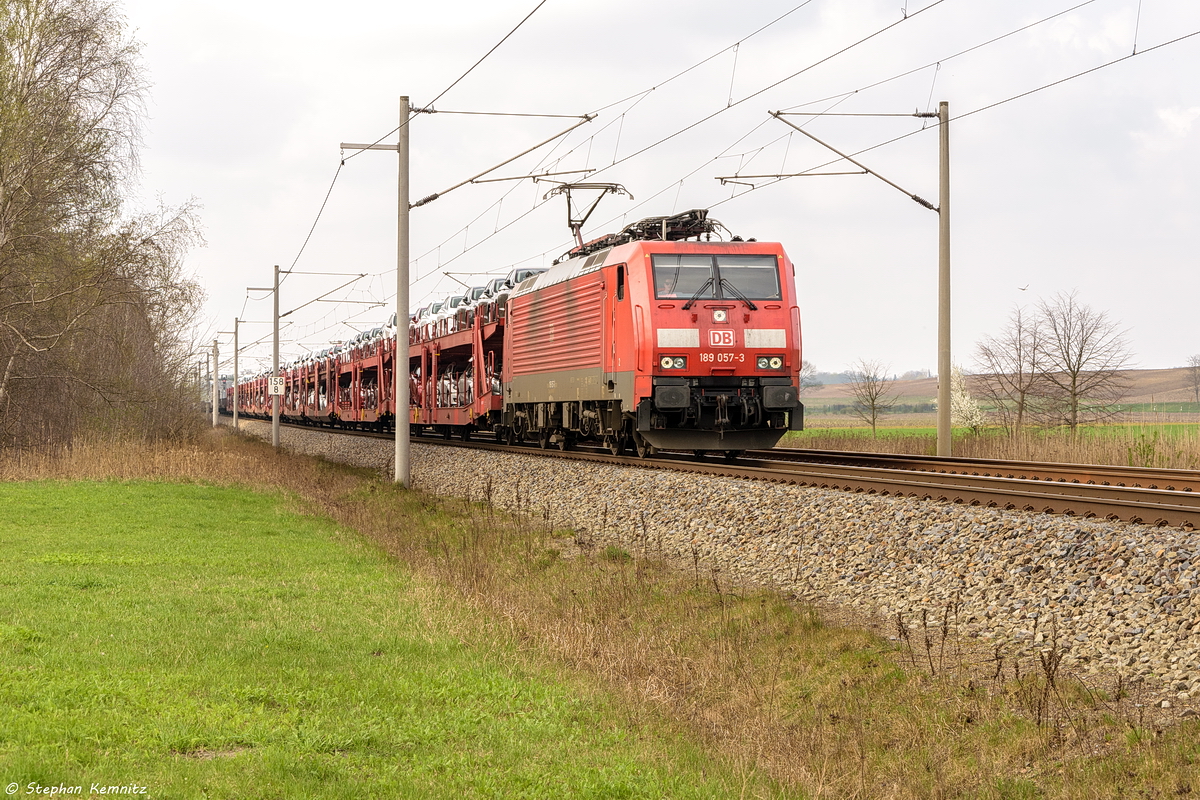189 057-3 DB Cargo mit einem Autotransportzug in Nennhausen und fuhr weiter in Richtung Wustermark. Netten Gruß zurück! 02.04.2017