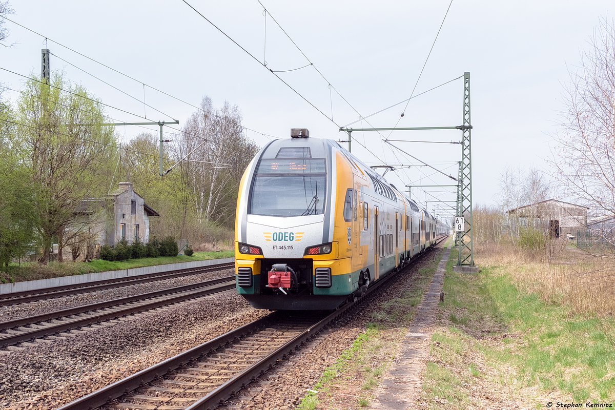 ET 445.115  Eberswalde  (445 115-9) ODEG - Ostdeutsche Eisenbahn GmbH als RE2 (RE 63975) von Berlin Ostbahnhof nach Schwerin Hbf, bei der Ausfahrt aus Friesack. Netten Gruß an den TF! 15.04.2018