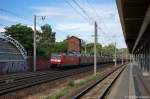 185 007-2 DB Schenker Rail Deutschland AG mit einem Opel Astra Autotransportzug in Rathenow und fuhr in Richtung Stendal weiter.