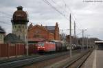 145 055-0 DB Schenker Rail Deutschland AG mit einem Kesselzug  Umweltgefhrdender Stoff, flssig  in Rathenow und fuhr in Richtung Stendal weiter. 09.01.2014