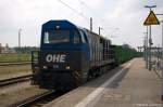 Fz. 1041 (273 013-3) Alpha Trains für OHE Cargo GmbH mit einem leeren Holzzug, bei der Durchfahrt in Rathenow und fuhr in Richtung Wustermark weiter. 21.04.2014