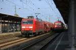 145 020-4 DB Schenker Rail Deutschland AG mit einem Kalizug in Stendal und fuhr weiter in Richtung Wittenberge. 15.09.2014