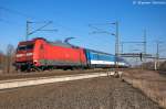 101 096-6 mit dem EC 176 von Brno hl.n. nach Hamburg-Altona in Stendal(Wahrburg). Wegen Personen im Gleis wurde dieser Eurocity ber Stendal umgeleitet. 05.03.2013
