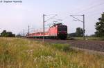 143 567-6 mit dem Mittwochs fahrenden PbZ von Rostock nach Cottbus in Vietznitz. Am Haken hatte sie vier Bimz fr DB-Regio und am Zugende war die 628 658-6 gewesen. 24.07.2013