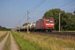 145 019-6 DB Schenker Rail Deutschland AG mit einem Kesselzug  Propen  und zwei Flachwagen bei Rathenow und fuhr in Richtung Stendal weiter.