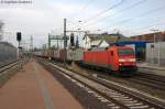 152 148-3 DB Schenker Rail Deutschland AG mit einem Containerzug, bei der Durchfahrt in Winsen(Luhe) und fuhr in Richtung Lüneburg weiter. 04.02.2014