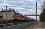 155 020-1 DB Schenker Rail Deutschland AG mit einem S-Wagen Ganzzug in Vietznitz und fuhr in Richtung Friesack weiter. 14.04.2013