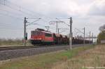 155 218-1 DB Schenker Rail Deutschland AG mit einem Facns Ganzzug in Vietznitz und fuhr in Richtung Friesack weiter. 25.04.2013