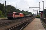 155 109-2 DB Schenker Rail Deutschland AG mit der Wagenlok 145 021-2 und einem gemischtem Güterzug in Niederndodeleben und fuhr in Richtung Braunschweig weiter. 08.08.2014