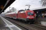 182 015 mit dem RE1 (RE 18178) von Frankfurt(Oder) nach Brandenburg Hbf, hat den Endbahnhof Brandenburg Hbf erreicht und fuhr dann in die Abstellung. 28.02.2013
