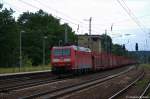 185 003-1 DB Schenker Rail Deutschland AG mit einem leeren Autotransportzug in Saarmund und fuhr in Richtung Genshagener Heide weiter. 05.06.2012