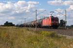 185 083-3 DB Schenker Rail Deutschland AG mit einem Kesselzug  Dieselkraftstoff oder Gasl oder Heizl (leicht)  in Vietznitz und fuhr in Richtung Nauen weiter.