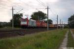 185 598-0 ITL Eisenbahn GmbH mit einem Containerzug bei Rathenow und fuhr in Richtung Wustermark weiter.
