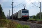 E186 140 ITL Eisenbahn GmbH mit einem Kesselzug  Umweltgefhrdender Stoff, flssig  bei Nennhausen und fuhr in Richtung Wustermark weiter am 06.07.2012. Diese Lok hatte am 26.07.2012 einen Unfall in Hosena bei Senftenberg gehabt.