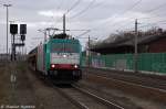 E 186 126 Alpha Trains fr Crossrail AG mit einem leeren Autotransportzug, bei der Einfahrt in den Bahnhof Rathenow und war auf dem Weg zum Wustermarker Gbf. 28.11.2013