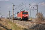 189 002-9 DB Schenker Rail Deutschland AG mit dem KLV  LKW Walter  in Vietznitz und fuhr in Richtung Nauen weiter. 16.04.2013