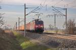 189 006-0 DB Schenker Rail Deutschland AG mit einem Containerzug in Vietznitz und fuhr in Richtung Nauen weiter. 18.04.2013