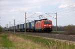 189 002-9 DB Schenker Rail Deutschland AG mit dem KLV  LKW Walter  in Vietznitz und fuhr in Richtung Nauen weiter. 01.05.2013