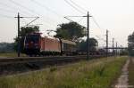 185 314-2 DB Schenker Rail Deutschland AG mit einem gemischtem Güterzug bei Rathenow und fuhr in Richtung Wustermark weiter. 27.07.2012