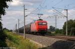 145-CL 015 (145 093-1) HGK - Hfen und Gterverkehr Kln AG [HGK 2005] mit einem Kesselzug  Umweltgefhrdender Stoff, flssig  in Vietznitz und fuhr in Richtung Nauen weiter. 18.07.2013