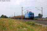 145 030-7 PRESS (145 085-7) mit einem leeren Holzzug in Vietznitz und fuhr in Richtung Nauen weiter. Netten Gru an den Tf! 26.07.2013
