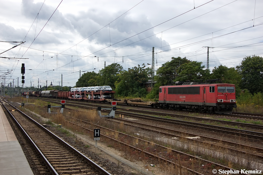 155 035-9 DB Schenker Rail Deutschland AG mit einem gemischtem Gterzug in Magdeburg und fuhr in Richtung Magdeburg-Neustadt weiter. 08.09.2012