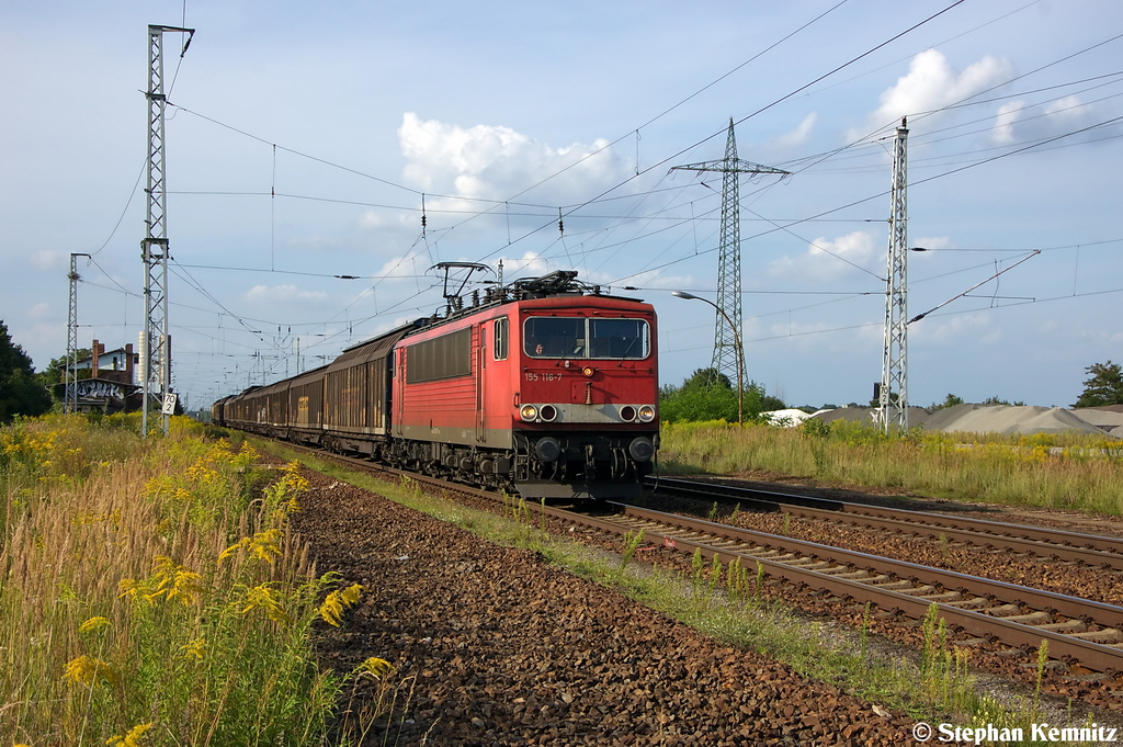 155 116-7 DB Schenker Rail Deutschland AG mit schiebe Wagen in Satzkorn und fuhr in Richtung Golm weiter. 17.08.2012