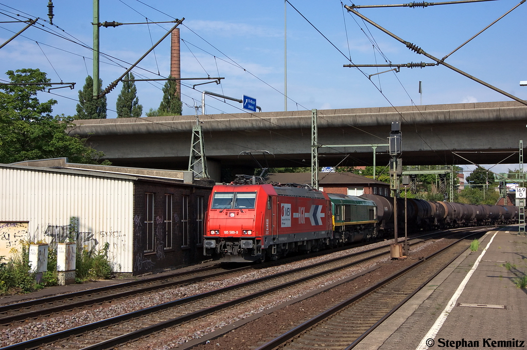185 589-9 HGK - Hfen and Gterverkehr Kln AG [HGK 2057] mit der Wagenlok DE676 und einem Kesselzug in Hamburg-Harburg. Netten Gru an den Tf! 31.08.2012