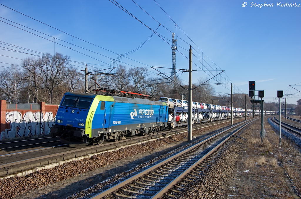 ES 64 F4 - 802 (189 802-2) MRCE Dispolok GmbH fr PKP Cargo  EU45-802  mit einem Fiat Autotransportzug in Rathenow und fuhr in Richtung Stendal weiter. 06.02.2013