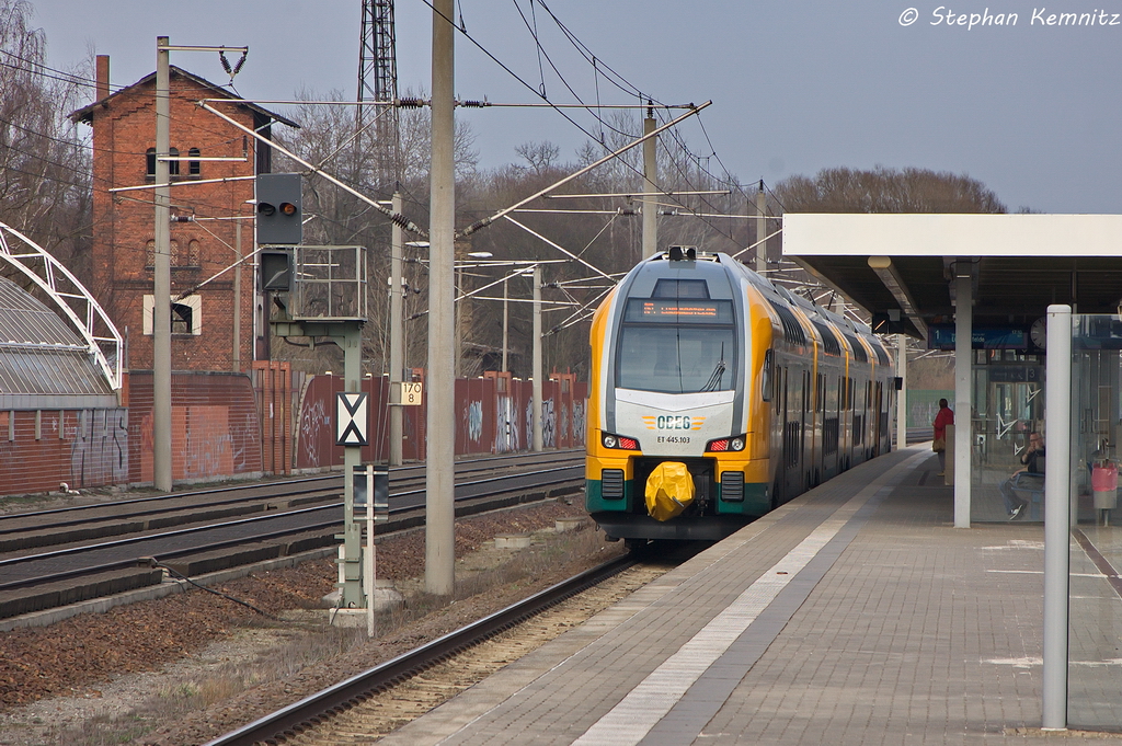 ET 445.103 (445 103-5) ODEG - Ostdeutsche Eisenbahn GmbH als RE4 (RE 37327) von Rathenow nach Ludwigsfelde in Rathenow. 17.04.2013