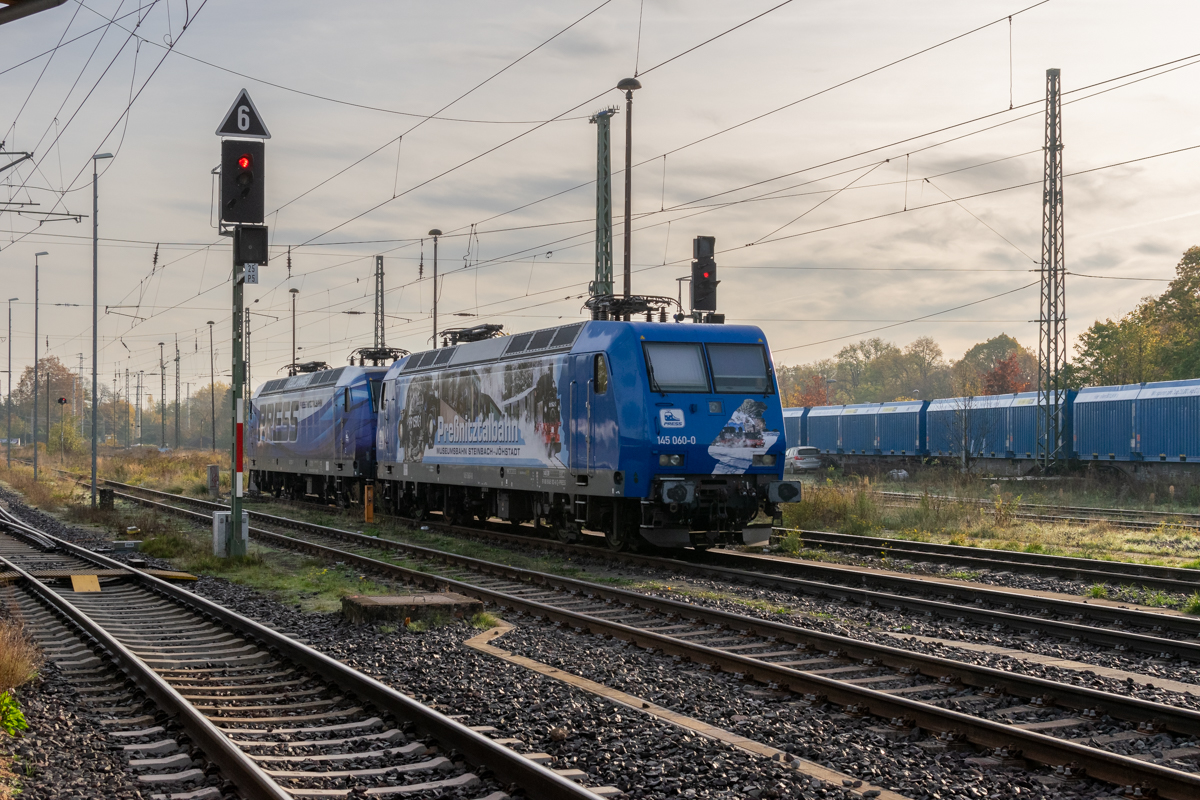 145 060-0 (145 103-8) PRESS - Eisenbahn-Bau- and Betriebsgesellschaft Pressnitztalbahn mbH, stand in Stendal Hbf abgestellt. 27.10.2022