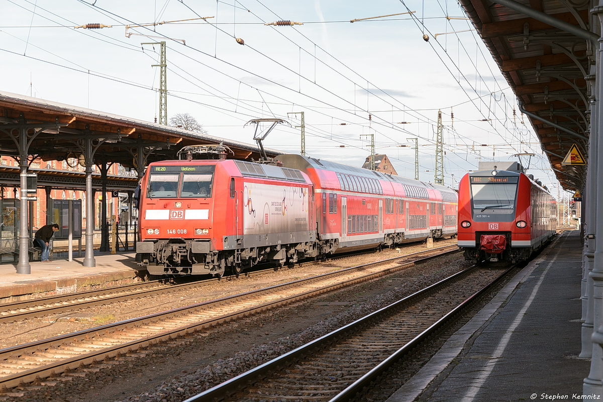 146 008  Damit Deutschland Vorne Bleibt  mit dem RE20 (RE 4688) von Magdeburg Hbf nach Uelzen in Stendal. 16.03.2017