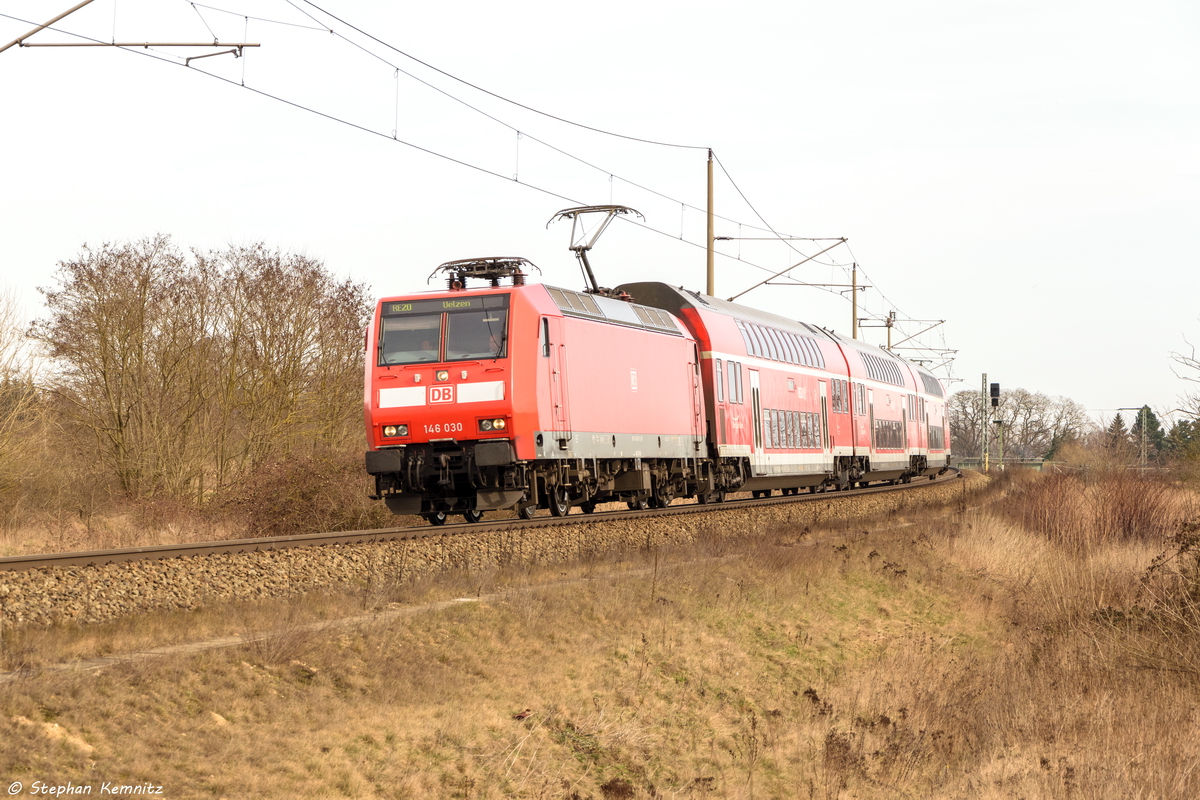 146 030 mit dem RE20 (RE 4684) von Magdeburg Hbf nach Uelzen in Stendal. 04.03.2017