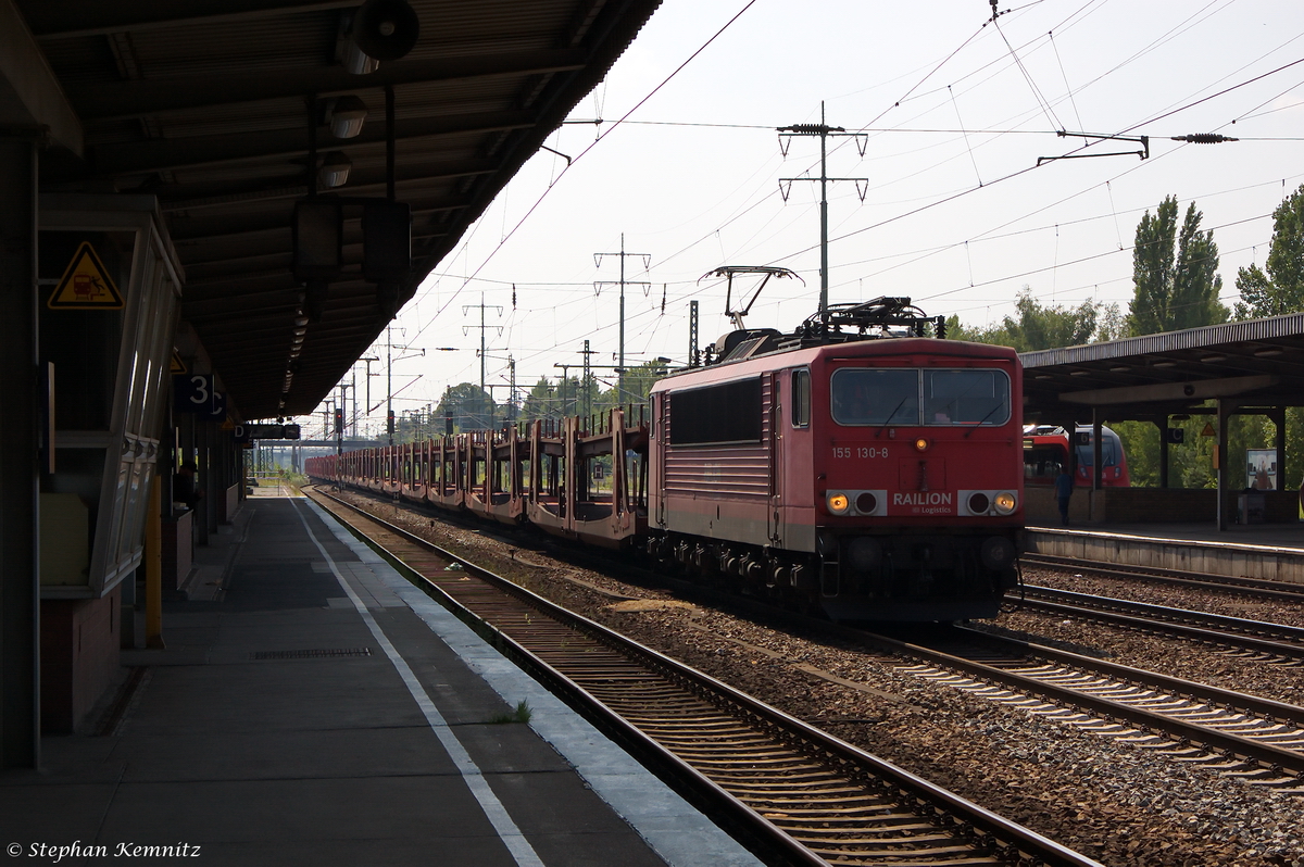 155 130-8 DB Schenker Rail Deutschland AG mit einem leeren Autotransportzug in Berlin-Schönefeld Flughafen und fuhr in Richtung Grünauer Kreuz weiter. 26.07.2014