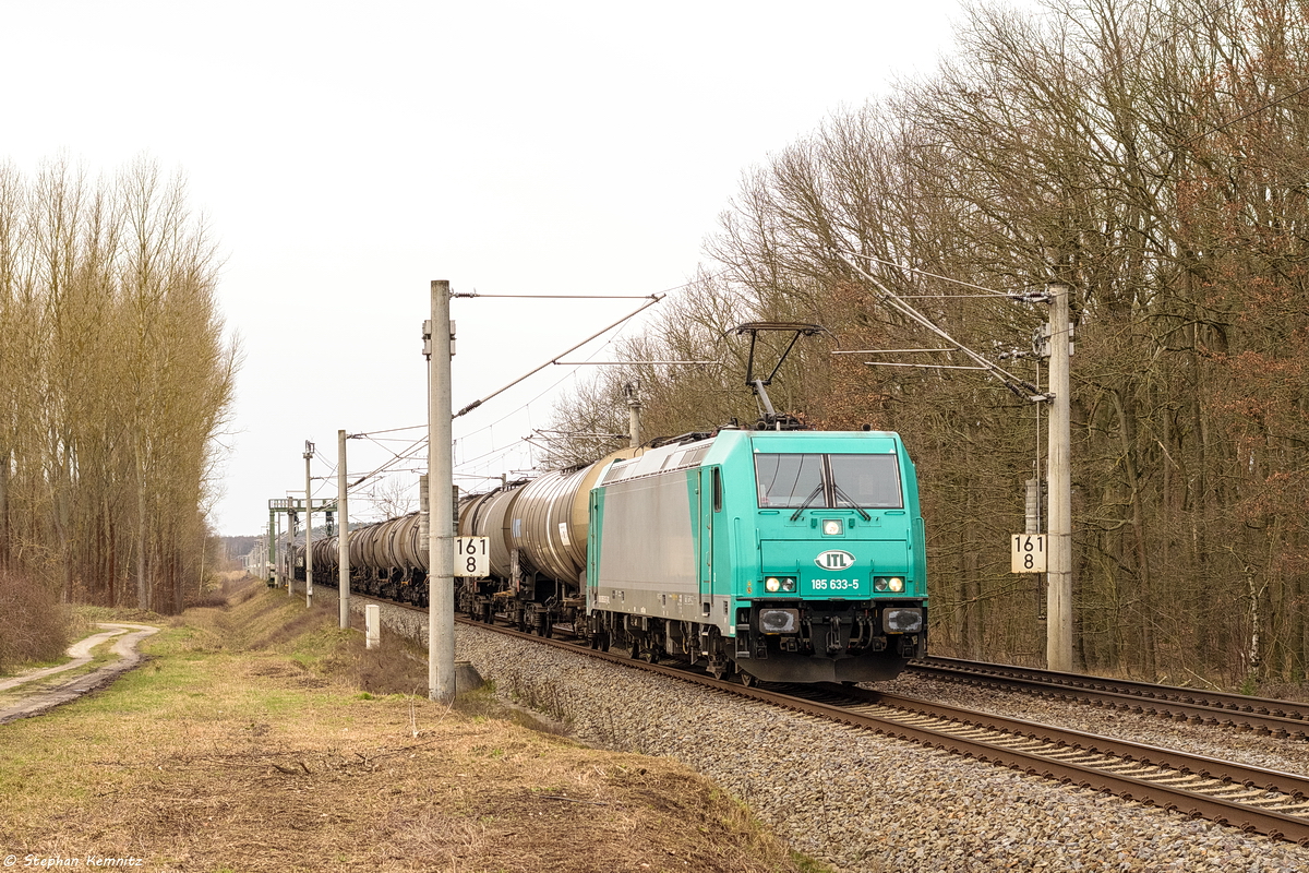 185 633-5 ITL - Eisenbahngesellschaft mbH mit einem Kesselzug  Umweltgefährdender Stoff, flüssig  in Nennhausen. Nach der Überholung durch DB Fernverkehr ging es Richtung Wustermark weiter. 13.02.2020