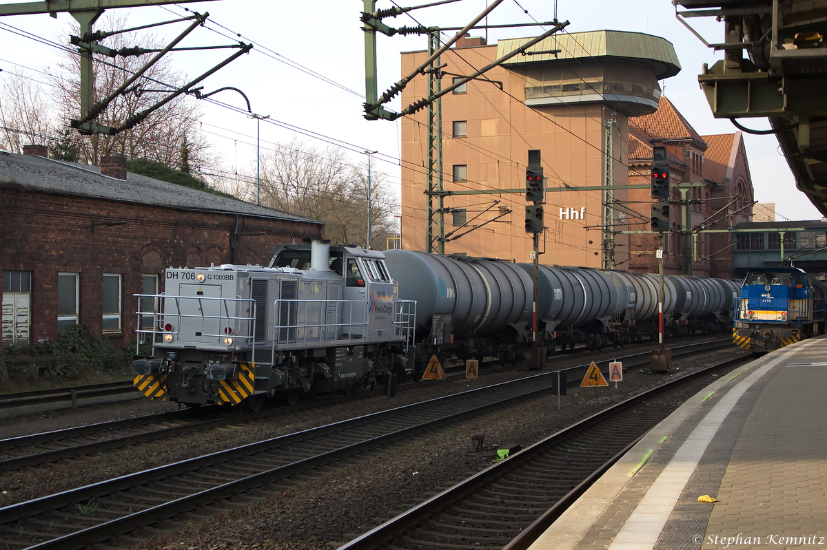 DH 706 (271 038-2) RheinCargo GmbH & Co. KG mit einem Kesselzug  Benzin oder Ottokraftstoffe  in Hamburg-Harburg. 17.03.2015