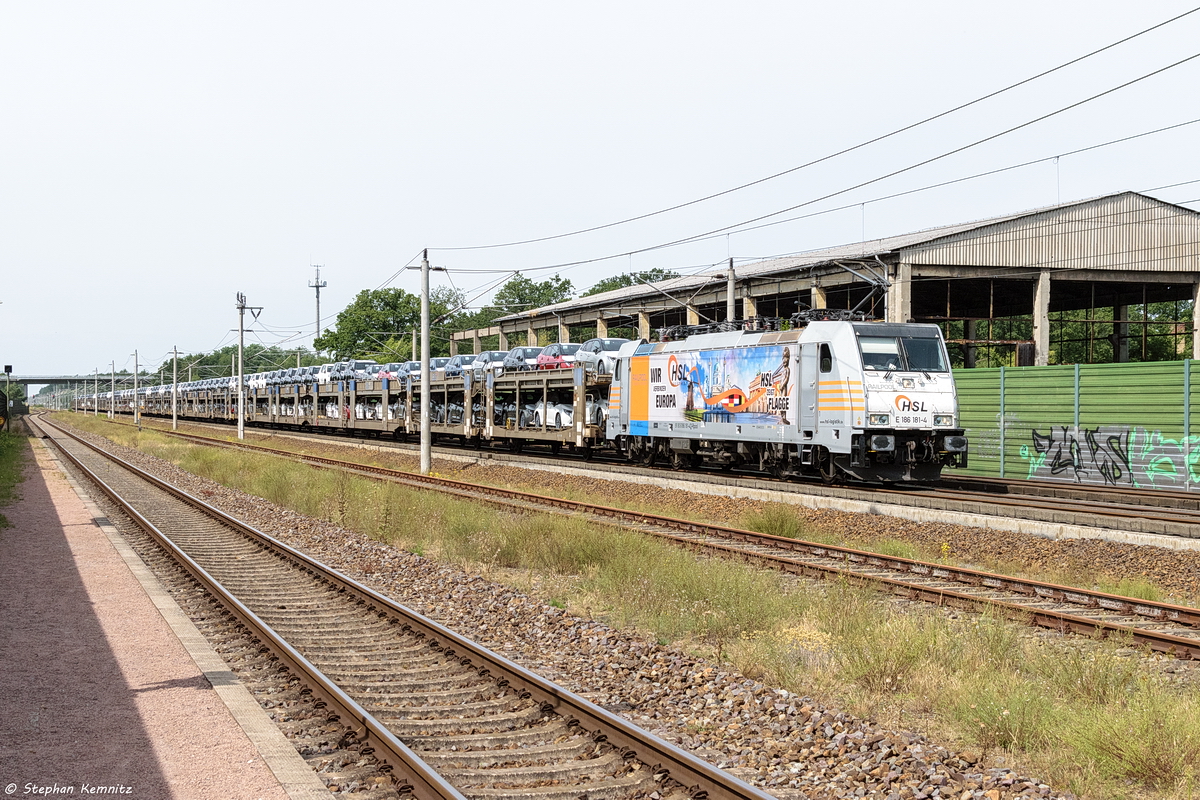 E 186 181-4 Railpool GmbH für HSL Logistik GmbH mit einem Toyota/Lexus Autotransportzug in Großwudicke und fuhr weiter in Richtung Rathenow. 09.08.2019