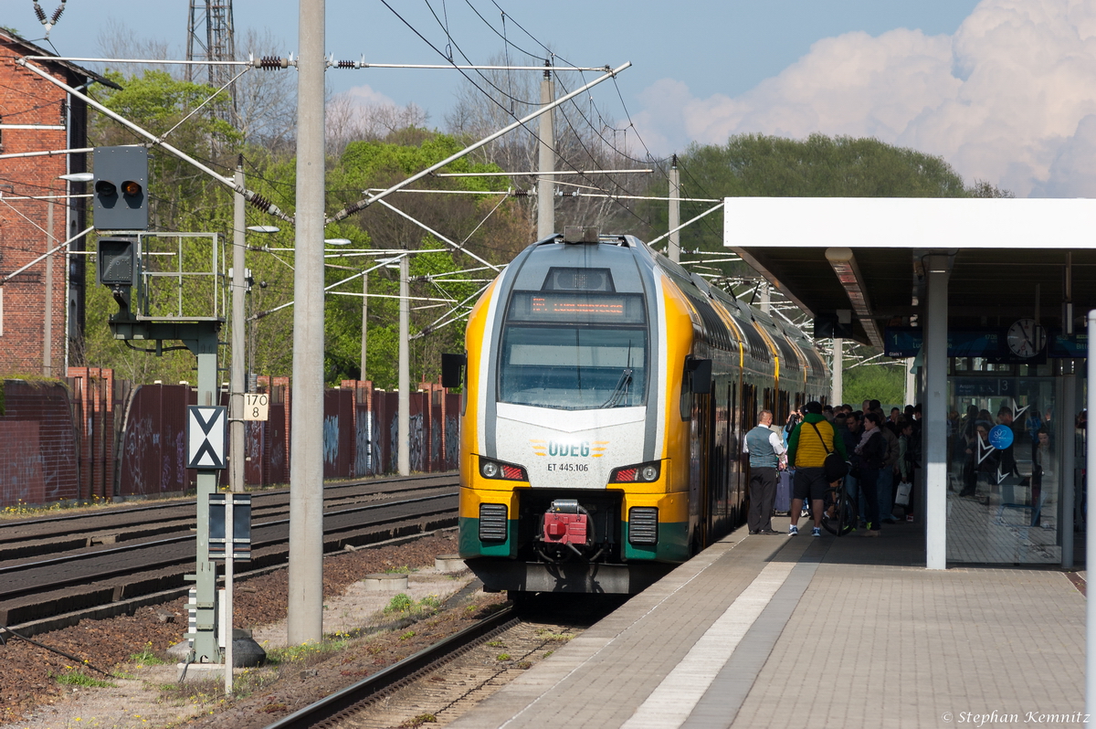 ET 445.106 (445 106-8) ODEG - Ostdeutsche Eisenbahn GmbH als RE4 (RE 79527) von Rathenow nach Ludwigsfelde in Rathenow. 30.04.2015