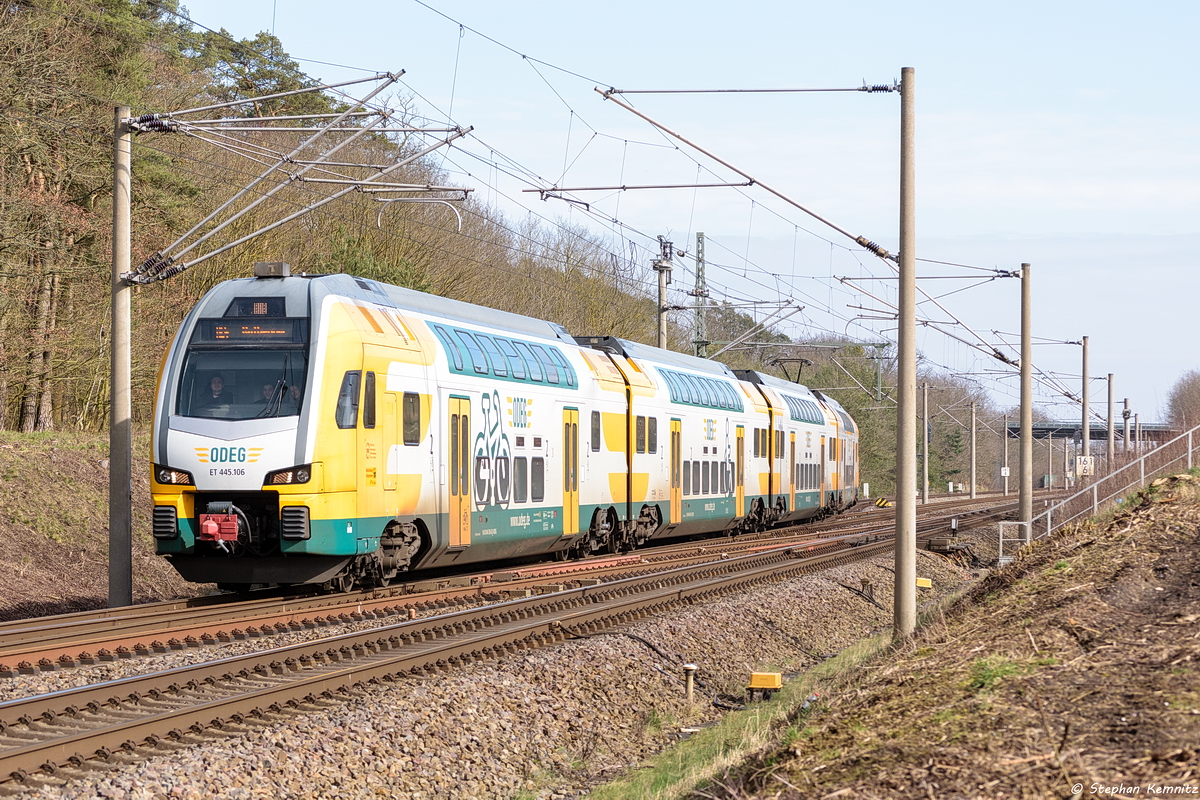 ET 445.106 (445 106-8) ODEG - Ostdeutsche Eisenbahn GmbH als RE4 (RE 62167) von Ludwigsfelde nach Rathenow, bei der Ausfahrt in Nennhausen. 08.03.2020