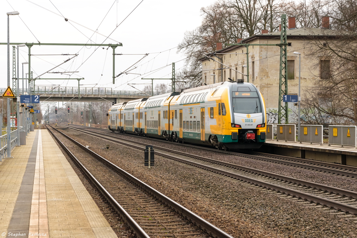 ET 445.107  Lübben - mit der Bahn in den Kahn  (445 107-6) ODEG - Ostdeutsche Eisenbahn GmbH als RE2 (RE 63862) von Wittenberge nach Cottbus in Freisack(Mark). 26.01.2016