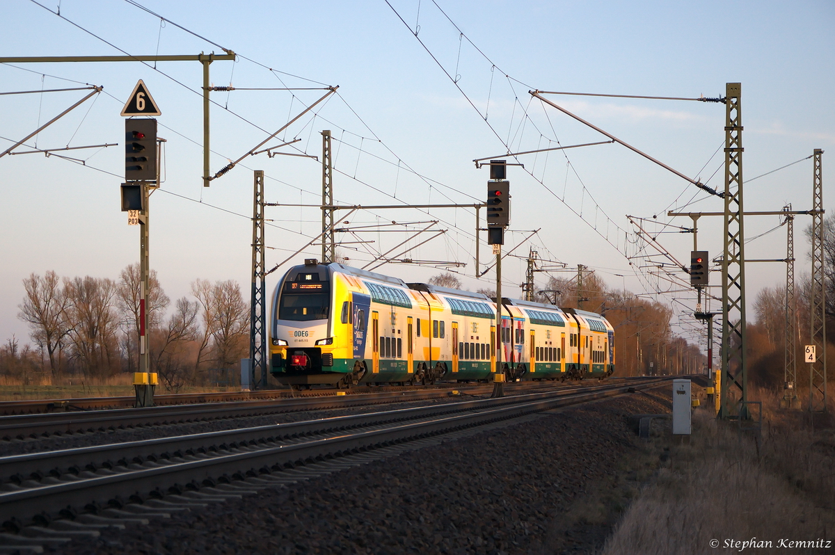 ET 445.113  BUGA 2015 Havelregion  (445 113-4) ODEG - Ostdeutsche Eisenbahn GmbH als RE2 (RE 79473) von Cottbus nach Wittenberge, bei der Einfahrt in Friesack(Mark). 28.02.2015